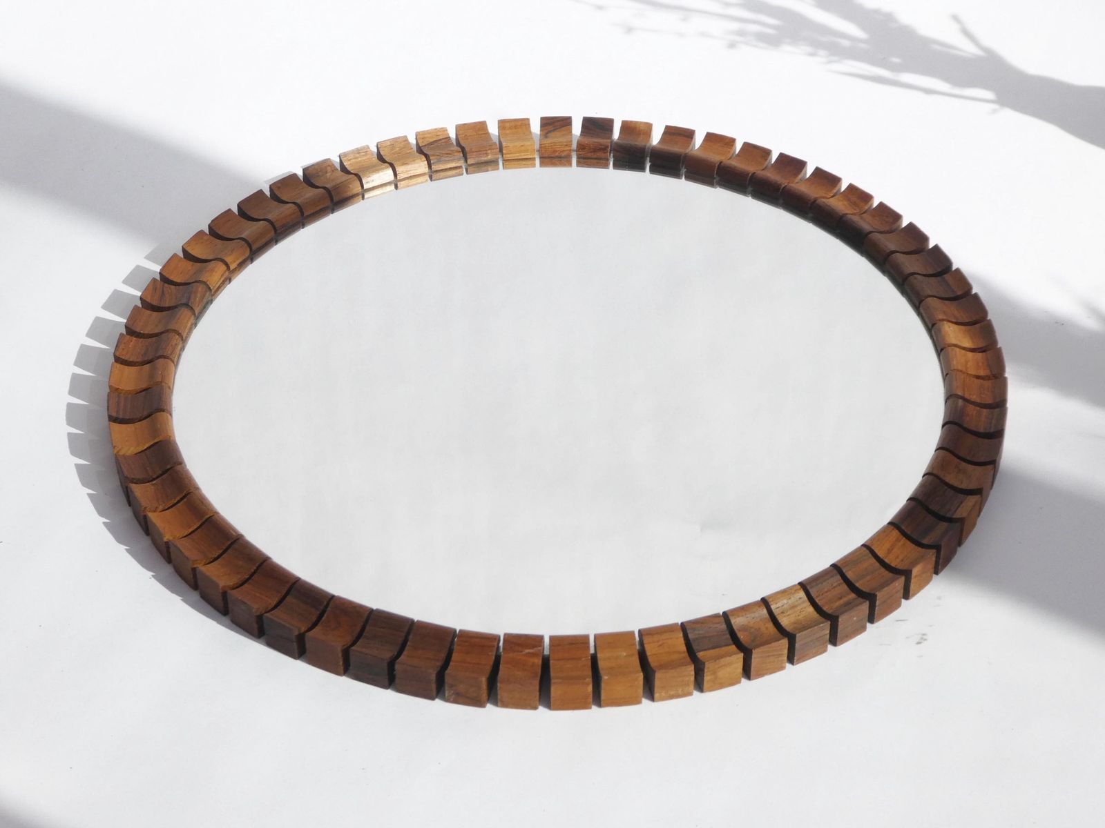 Mid Century Danish Teak & Rosewood Wall Mirror, Wooden Scandinavian Round Mirror With Geometrical Shaped Frame photo for sale