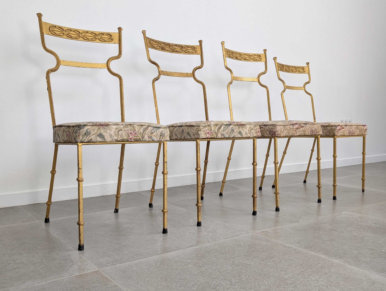 Set Of 4 Gold Wrought Iron Chairs With Floral Tapestry, 1980s photo furniture