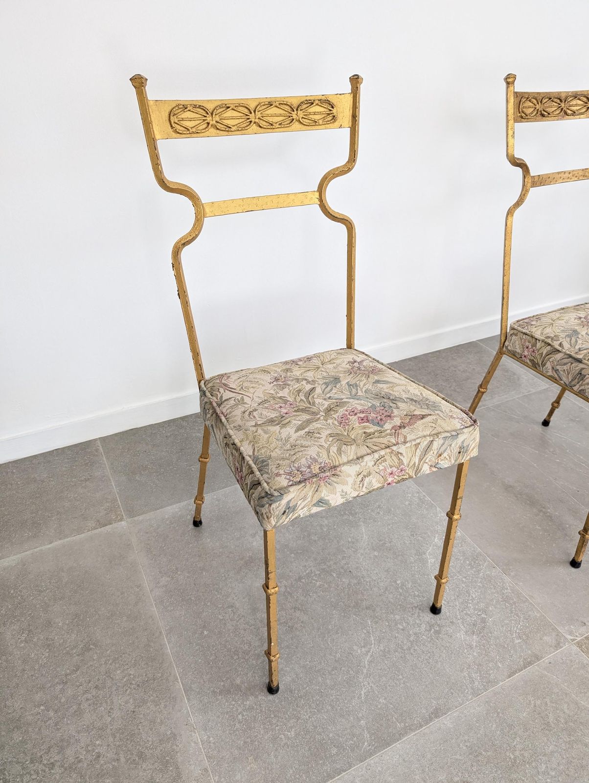 Set Of 4 Gold Wrought Iron Chairs With Floral Tapestry, 1980s photo Furniture