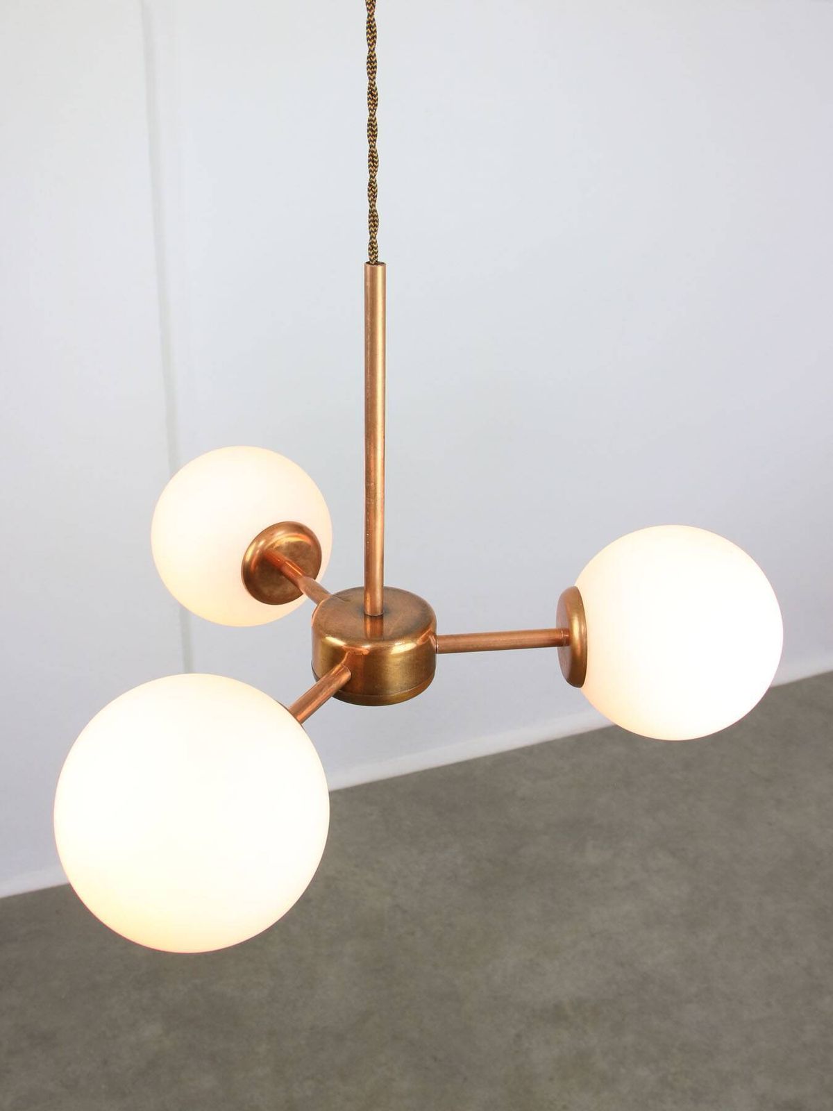 Mid Century Modern Italian Chandelier In Copper And Opaline Glass, 1960s photo buy