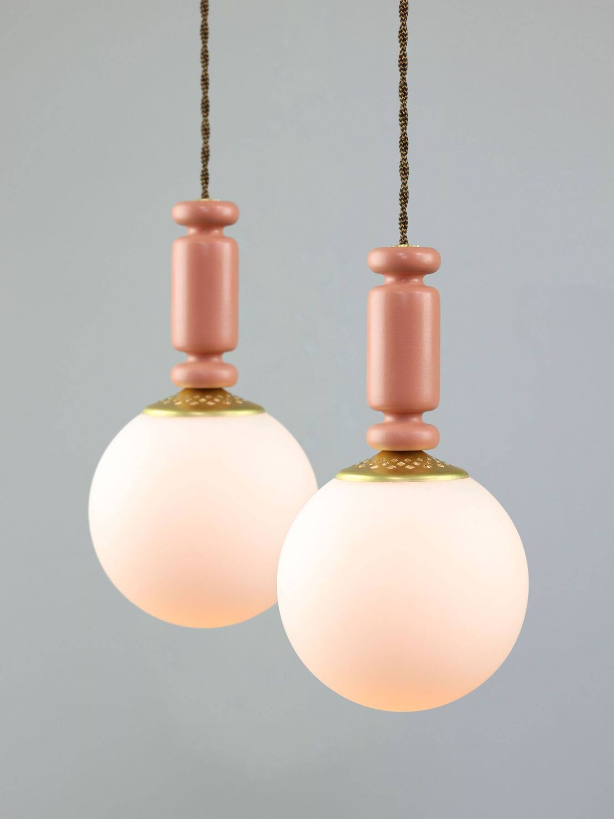 Mid Century Italian Brass & Opaline Glass Pendant Lamps, Set Of 2 photo furniture