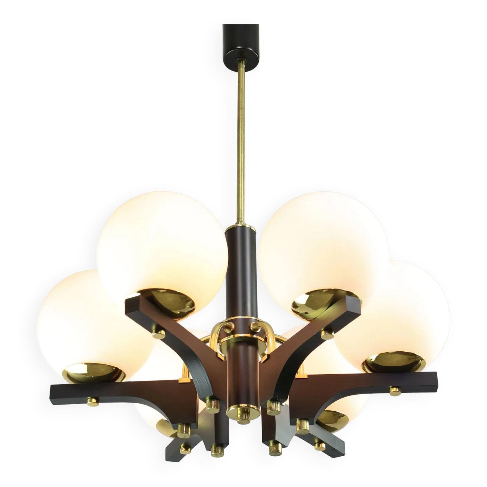 Mid Century Modern Italian Brass And Opaline Chandelier