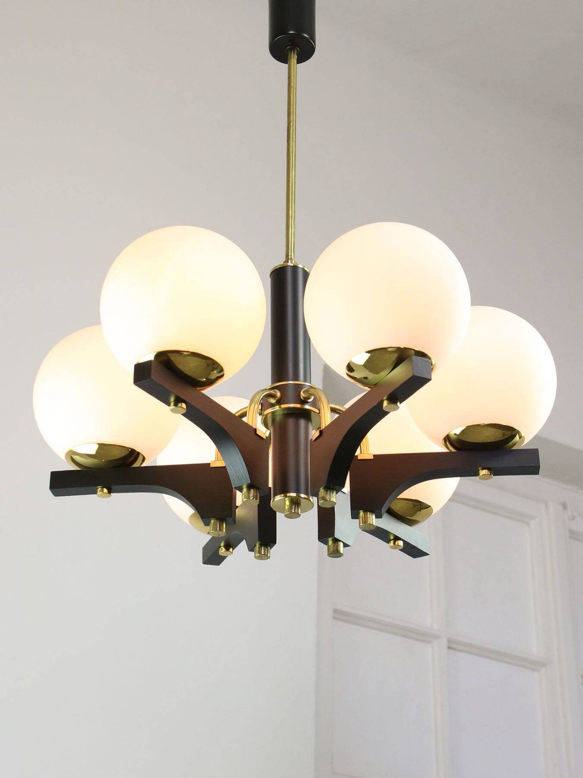 Mid Century Modern Italian Brass And Opaline Chandelier photo 704.0