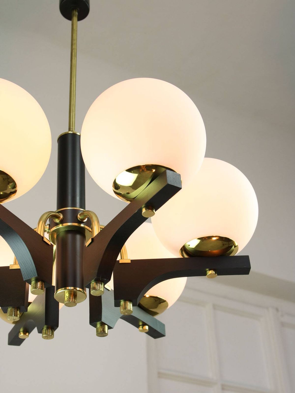Mid Century Modern Italian Brass And Opaline Chandelier photo vinterior