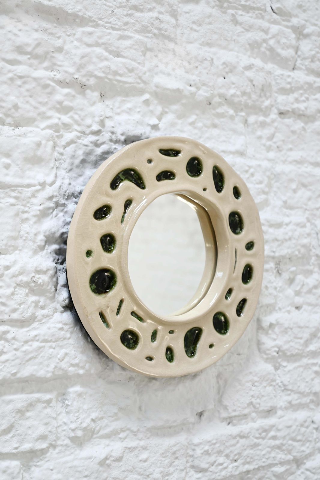 1950s Cream & Moss Green Organic Ceramic French Mirror photo for sale