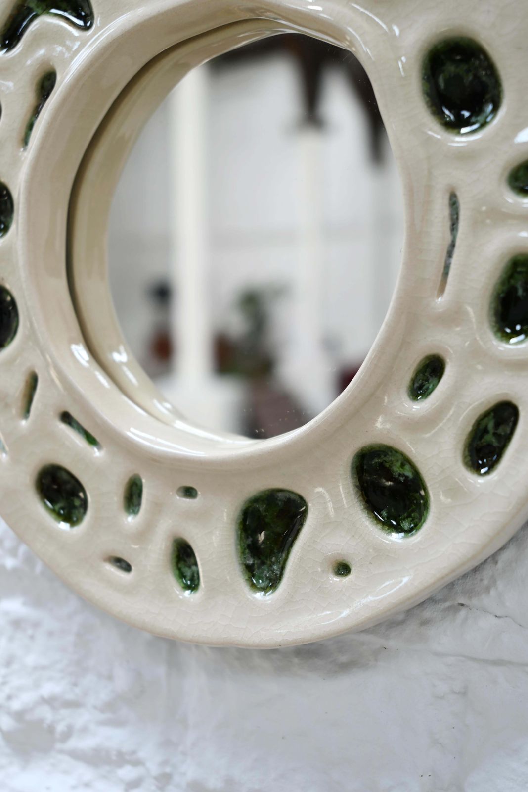 1950s Cream & Moss Green Organic Ceramic French Mirror photo Home Decor