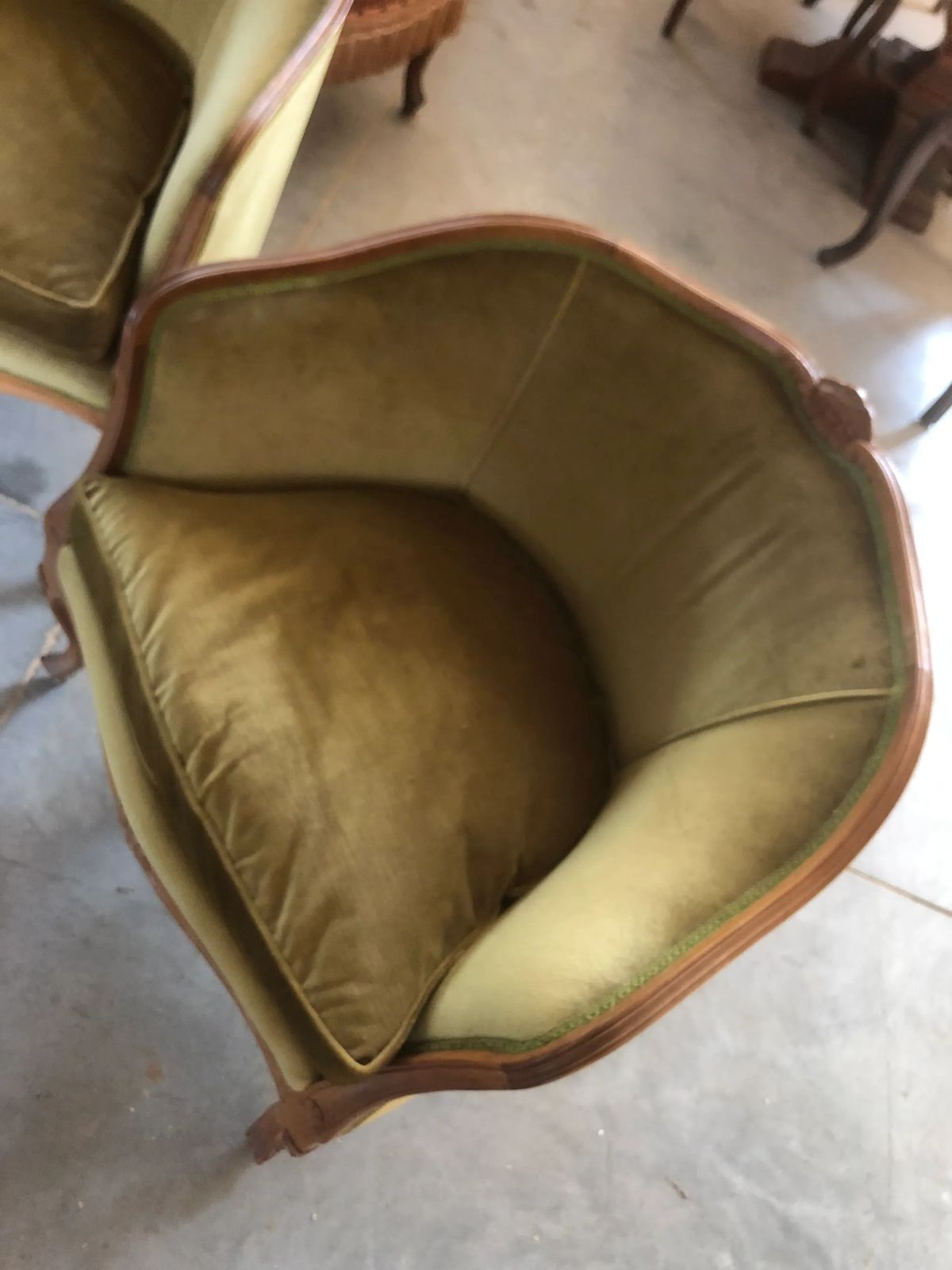 Mid 20th Century Italian Style Armchairs And Sofa In Walnut Wood Carved   3 Pieces photo vintage