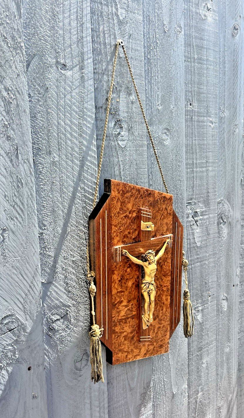 French Art Deco Gilt Brass Burr Walnut Wall Hanging Crucifix Church Cross Jesus photo Art