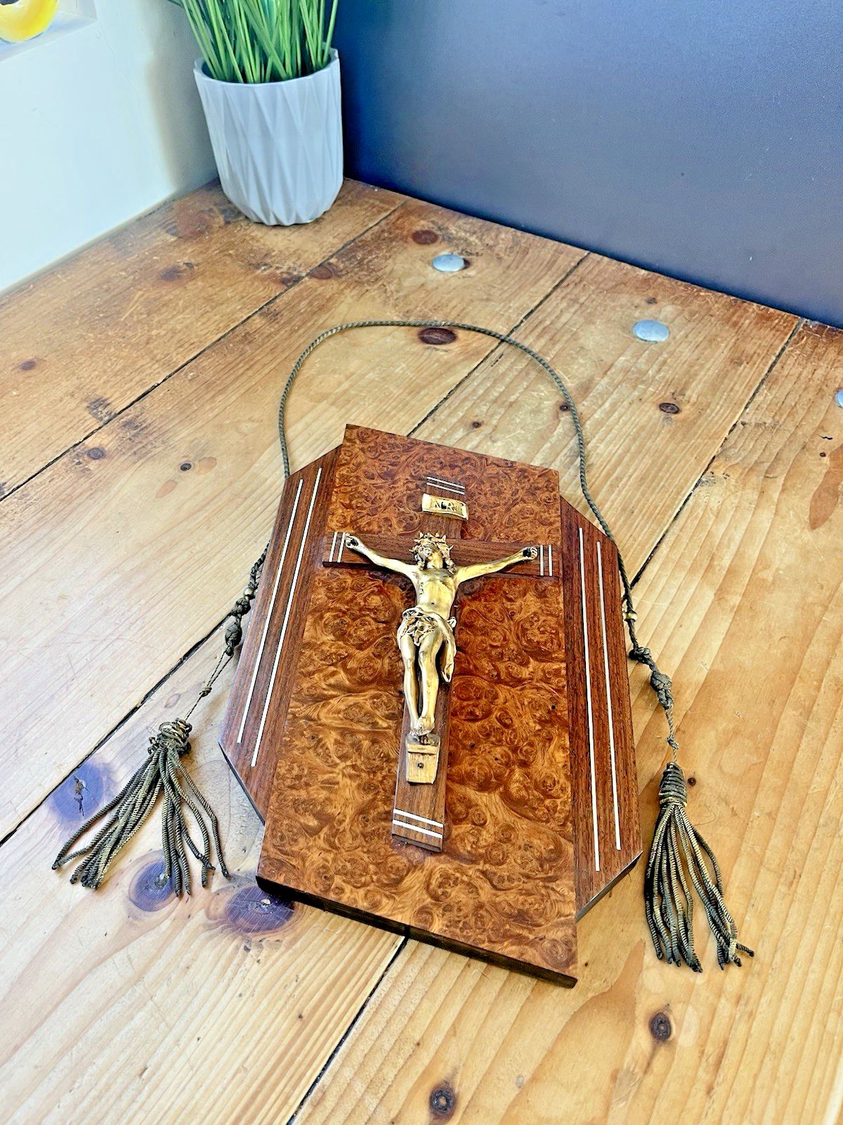 photo for sale French Art Deco Gilt Brass Burr Walnut Wall Hanging Crucifix Church Cross Jesus