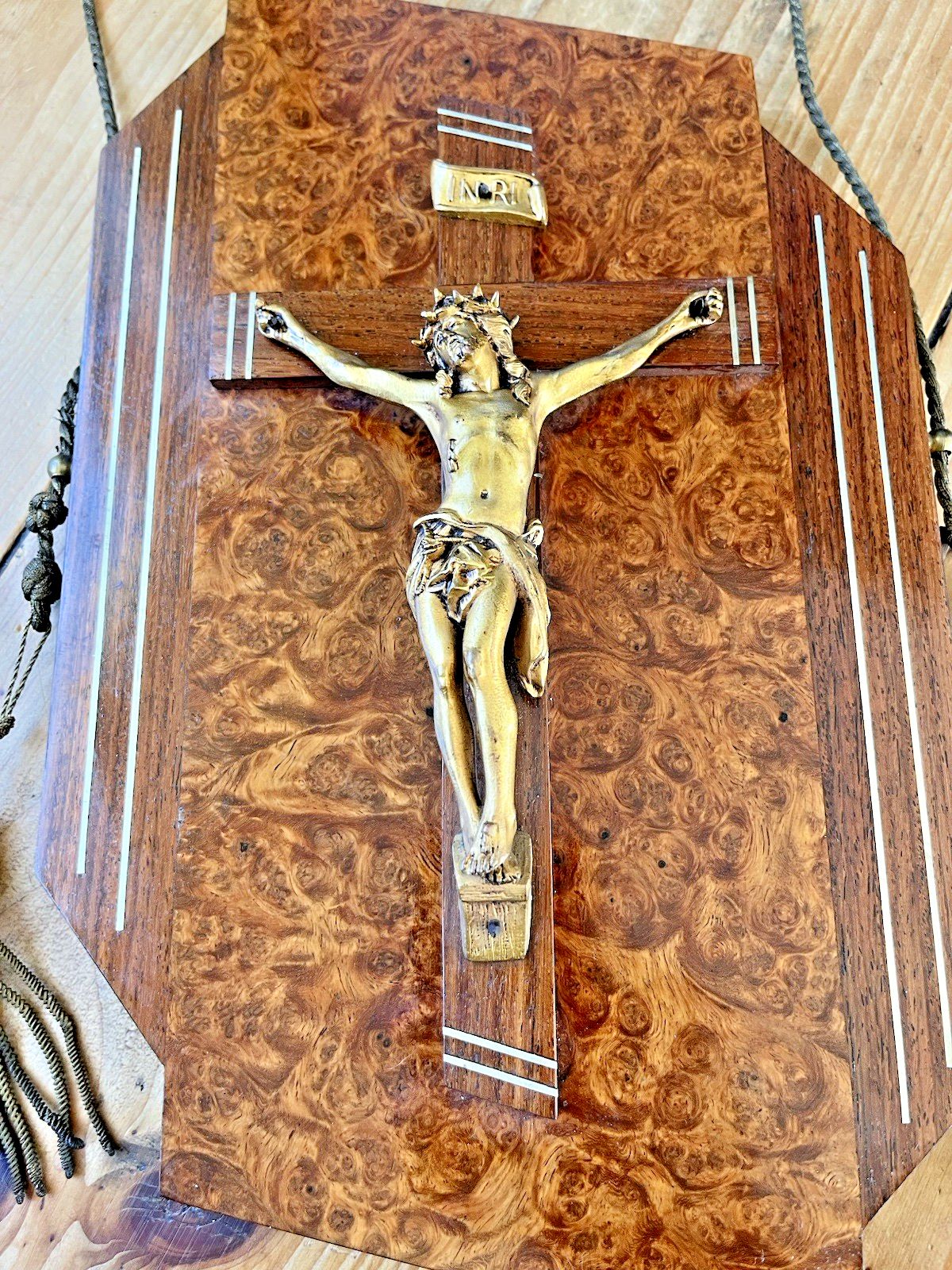 150.0 French Art Deco Gilt Brass Burr Walnut Wall Hanging Crucifix Church Cross Jesus photo