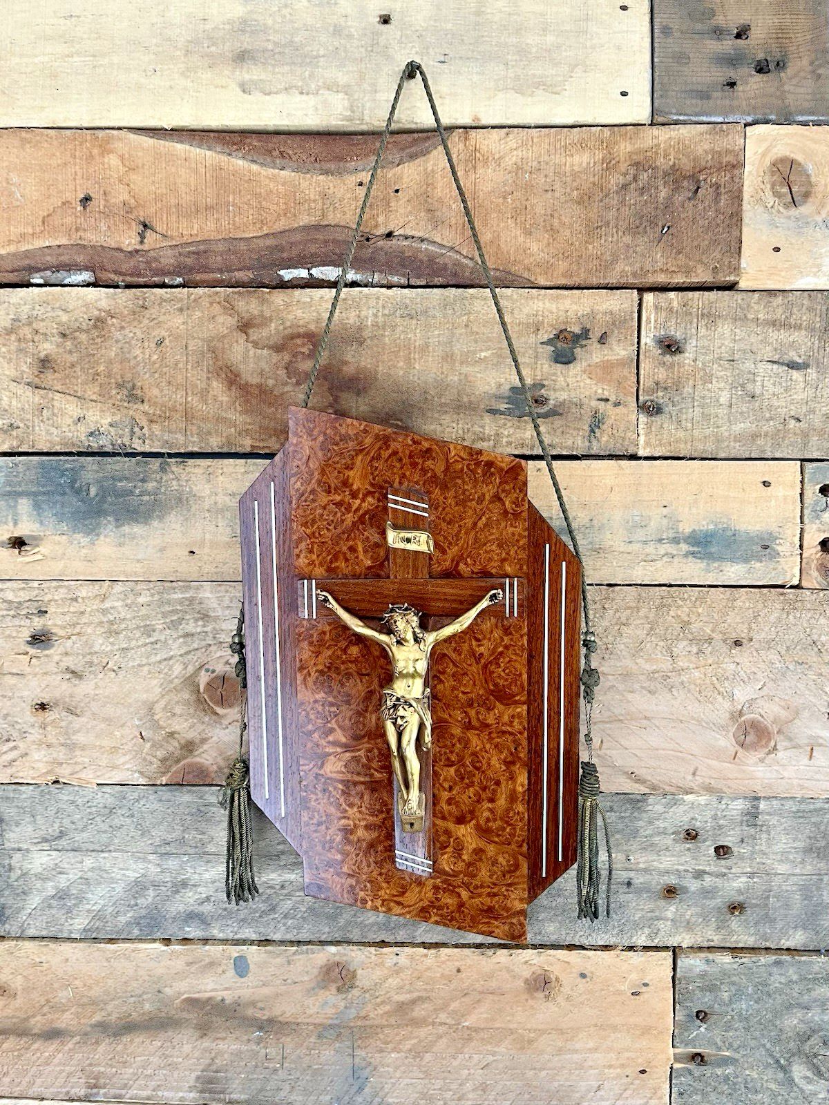 photo buy French Art Deco Gilt Brass Burr Walnut Wall Hanging Crucifix Church Cross Jesus