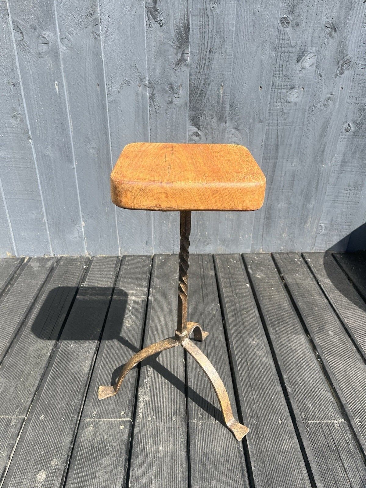 Old Rustic Oak Wrought Iron Stool Country Farmhouse Antique Vintage Plant Stand photo buy