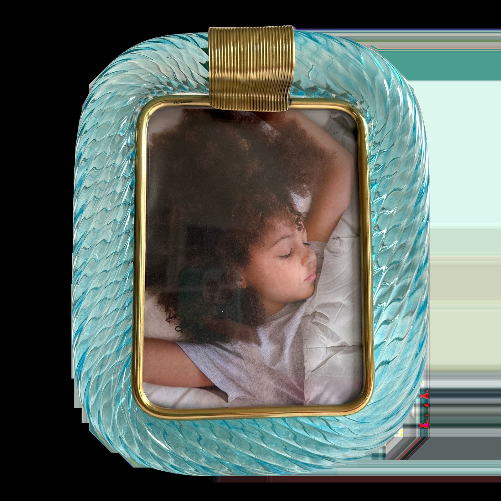 Mid Century Modern Style Light Blue "Torchon" Murano Glass Small Picture Frame And Brass In Barovier Style