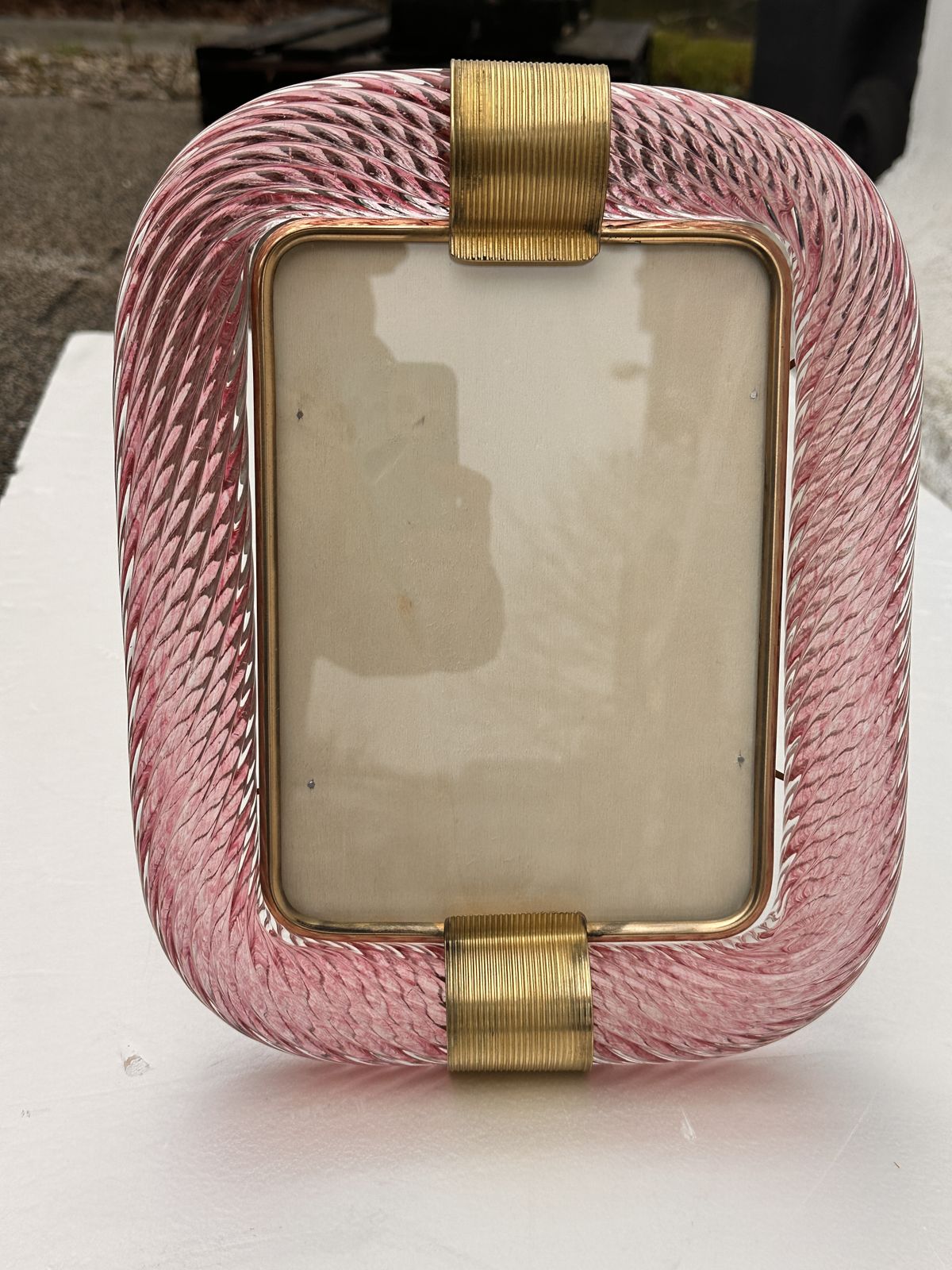 Mid Century Modern Style Pink "Torchon" Murano Glass Picture Frame And Brass In Barovier Style