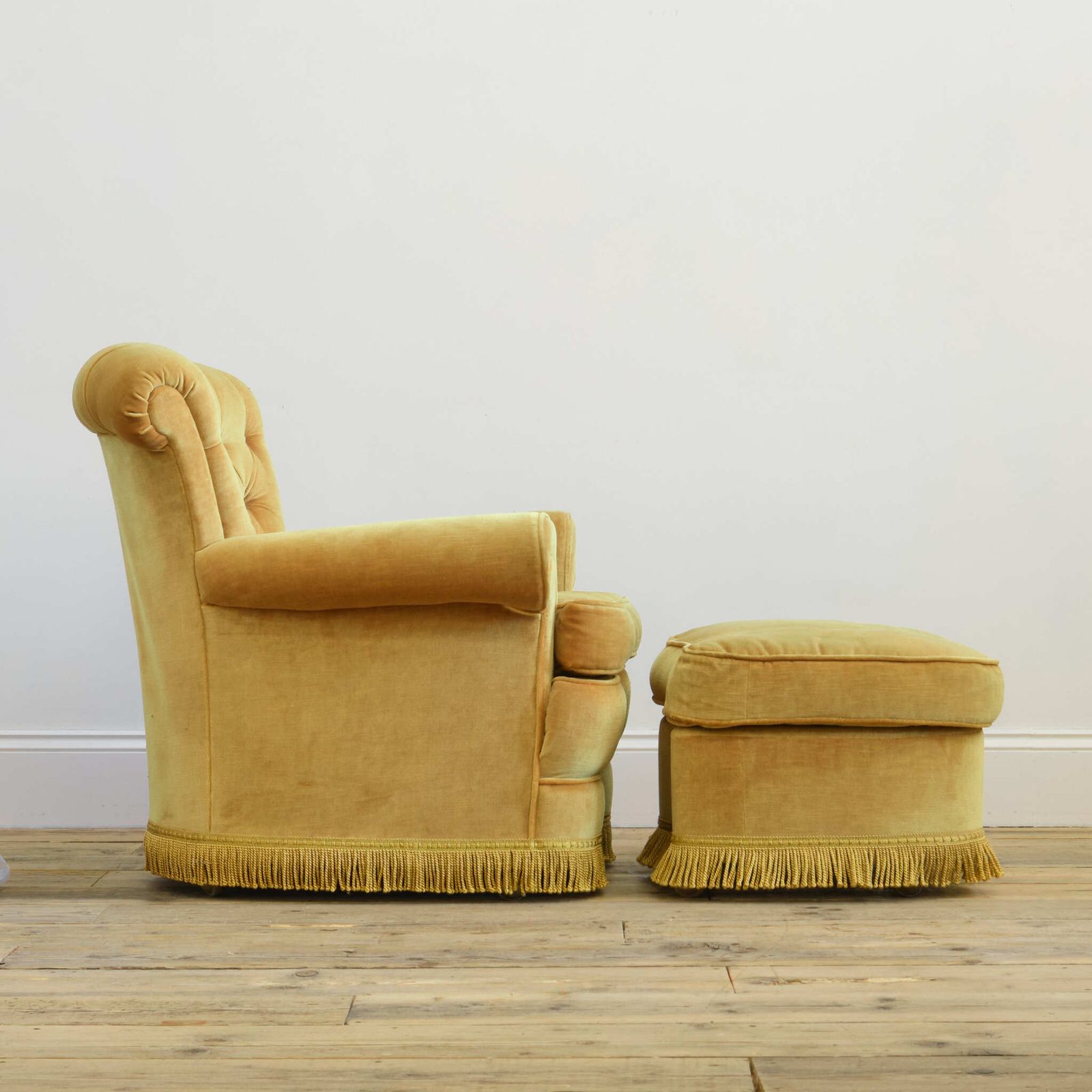 Vintage Yellow Velvet Armchair And Footstool photo for sale