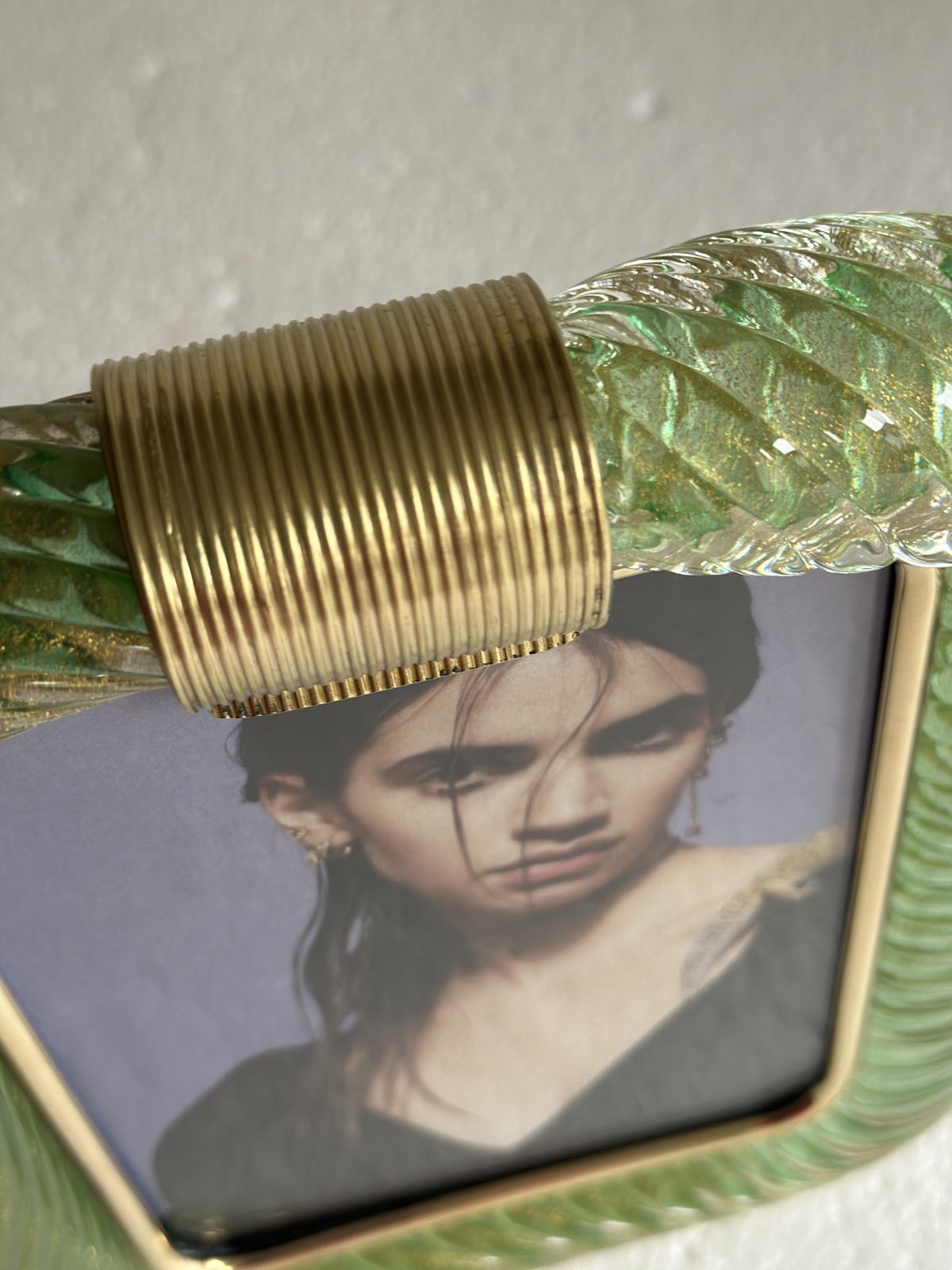 Mid Century Modern Style Green "Torchon" Murano Small Glass Picture Frame And Brass In Barovier Style photo Home Decor