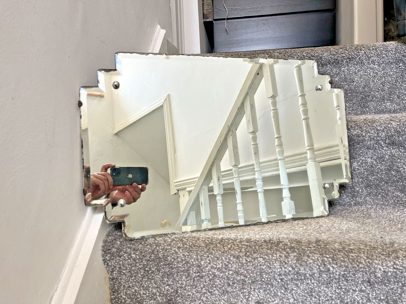 Home Decor Antique 20's Art Deco Stepped Bevelled Bathroom Chrome Caps Mantel Wall Mirror photo