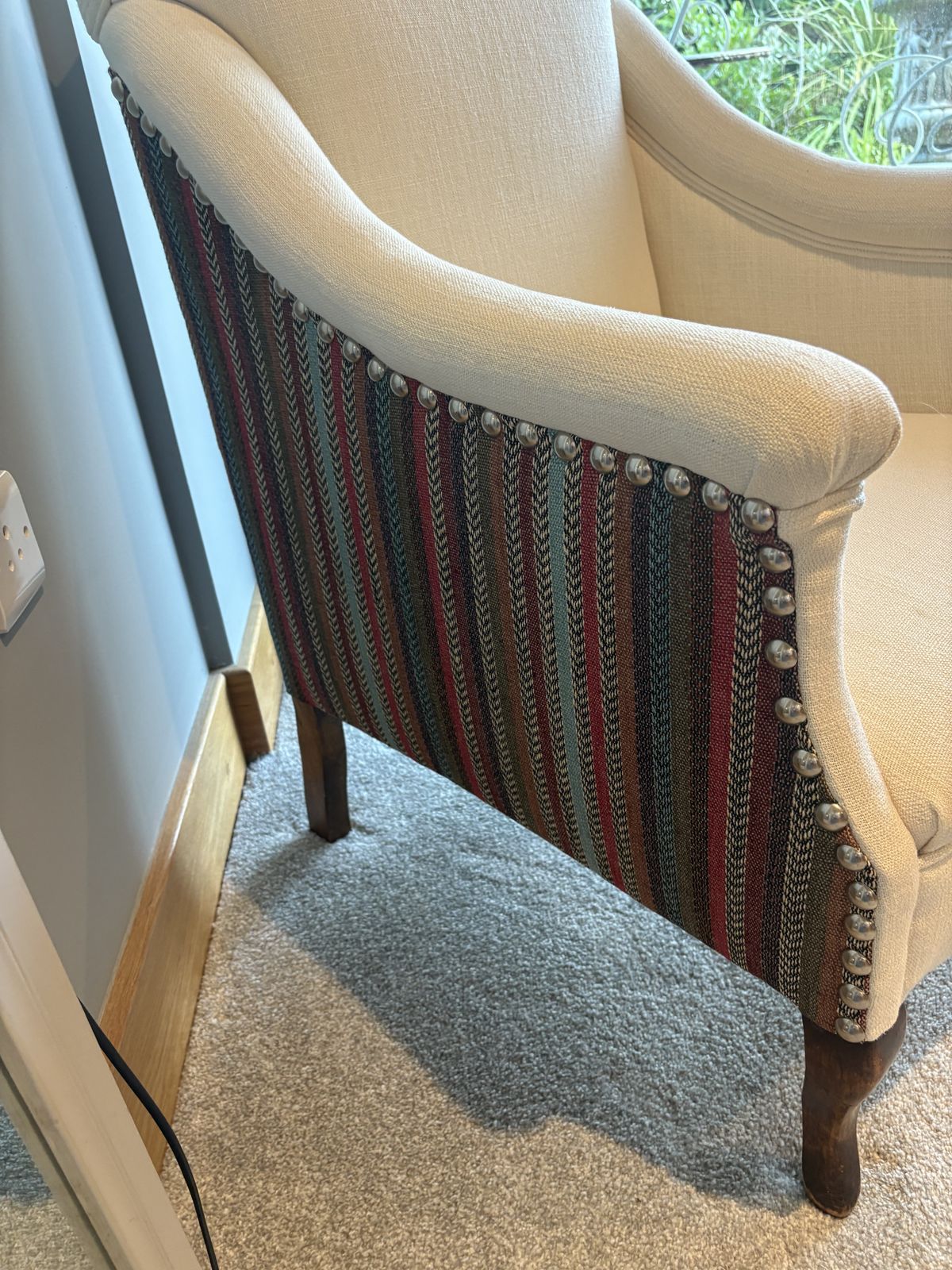 Pair Of Cream Easy Chairs With Striped Upholstery & Stud Detailing photo for sale