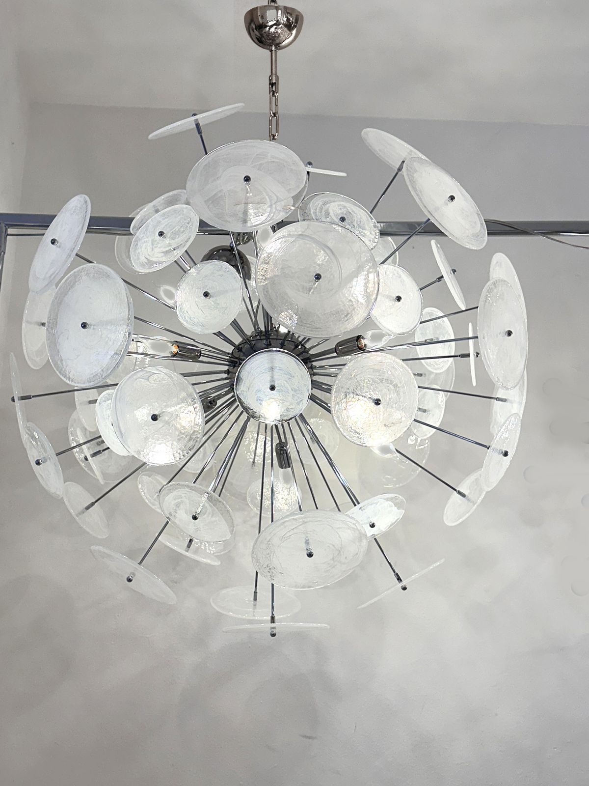 Contemporary Chromed Sputnik Chandelier With Venied White "Alabastro" Murano Glass Discs By Simoeng photo furniture
