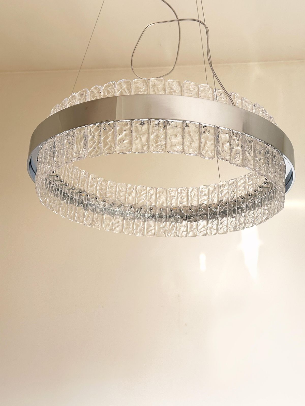 Murano Glass "Ice" Chandelier Hammered Clear Glass In Polish Kromo Ring With Strip Led photo vinterior