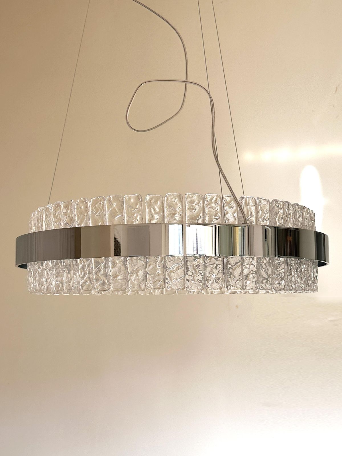 photo furniture Murano Glass "Ice" Chandelier Hammered Clear Glass In Polish Kromo Ring With Strip Led
