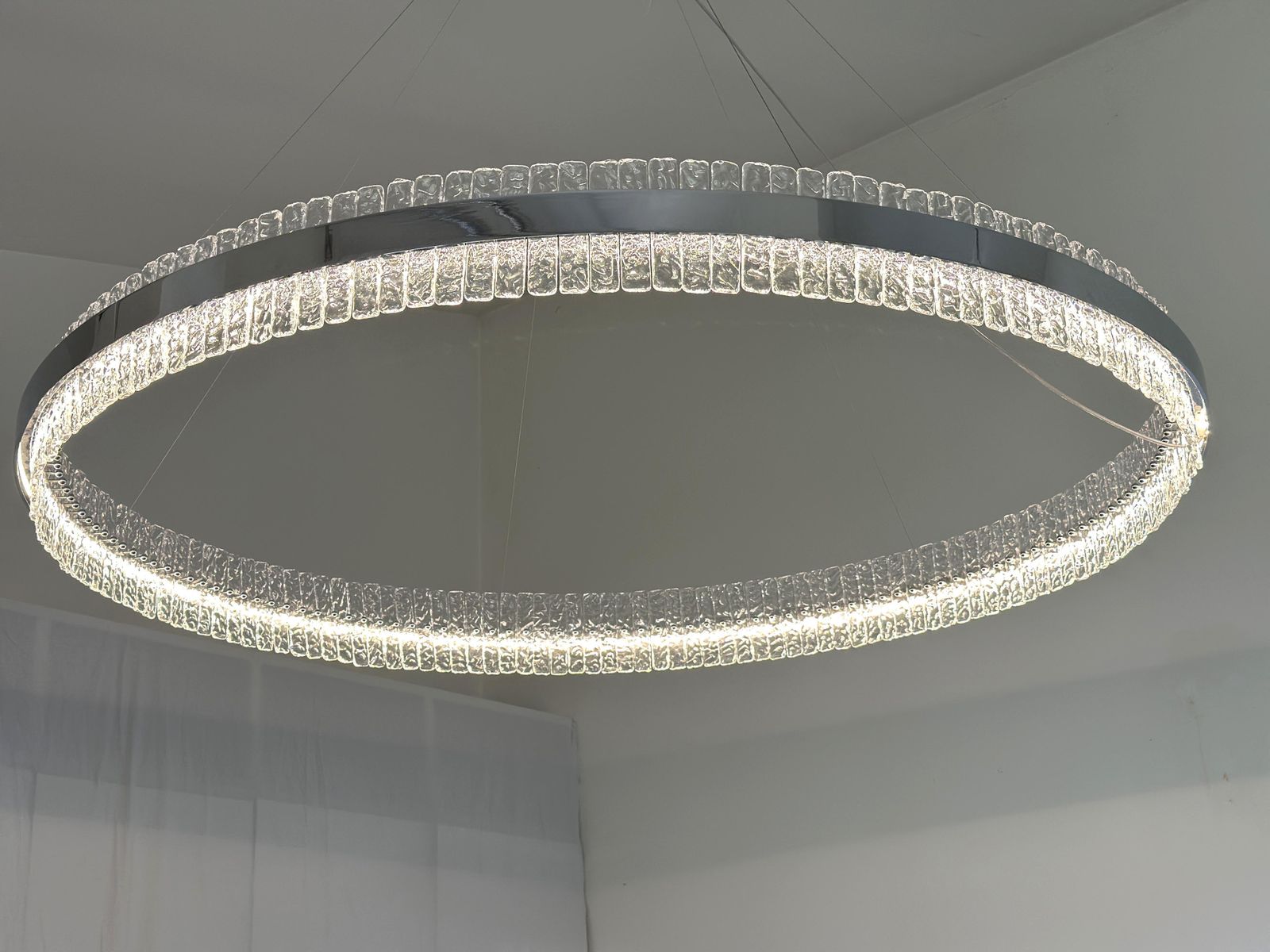 Murano Glass "Ice" Chandelier Hammered Clear Glass In Polish Kromo Ring With Strip Led photo Lighting