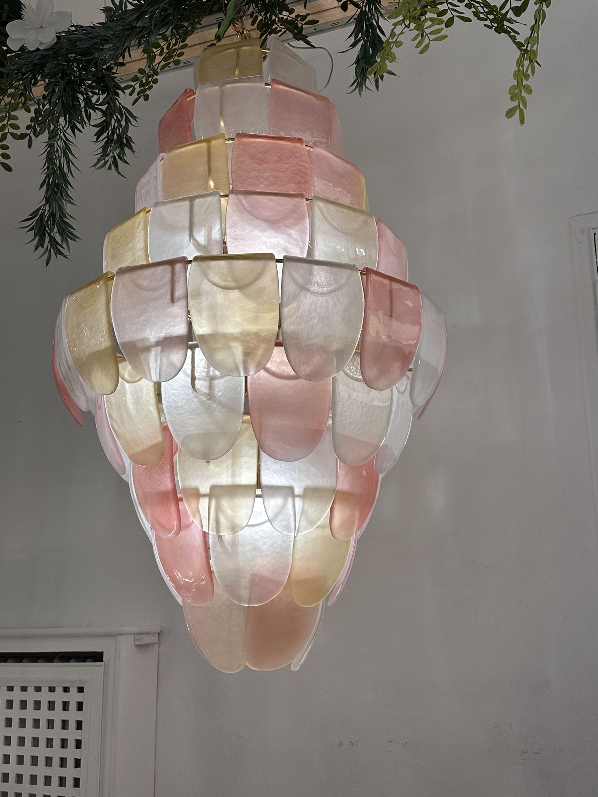 Contemporary Sanded Pink And Amber “Petals” Murano Glass Chandelier Style photo Lighting