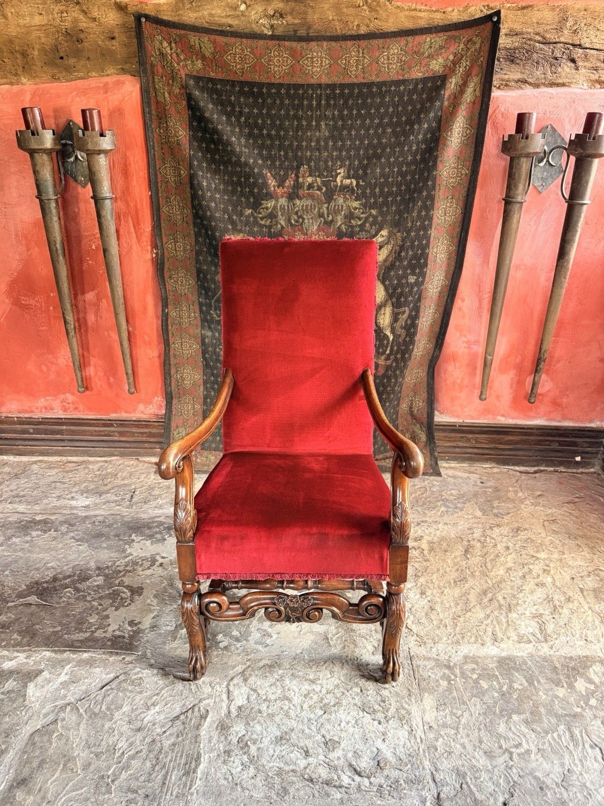 Substancial Heavy Carved Oak Red Antique Throne Arm Chair Stamped Circa 1919 photo for sale