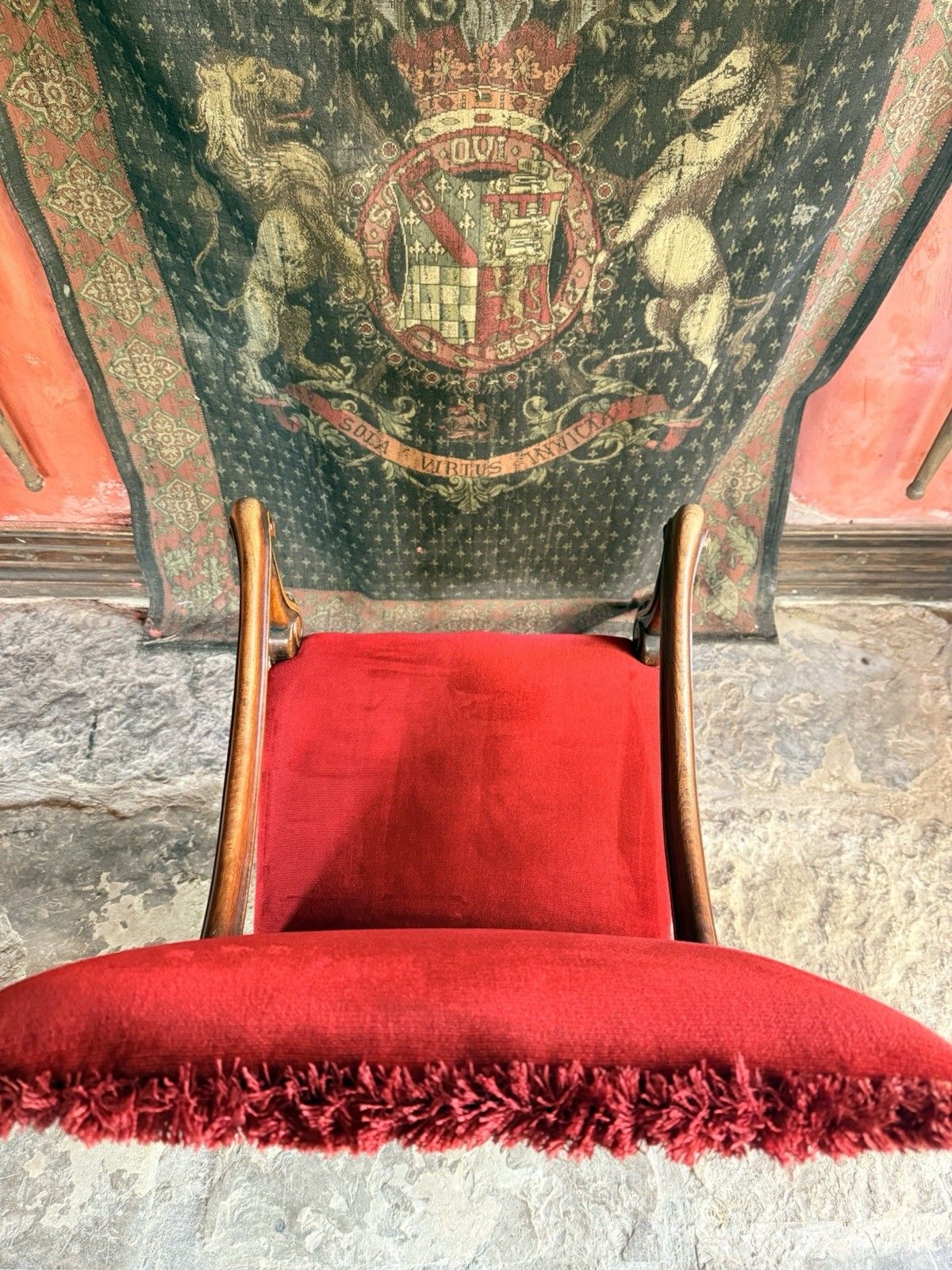 Substancial Heavy Carved Oak Red Antique Throne Arm Chair Stamped Circa 1919 photo buy