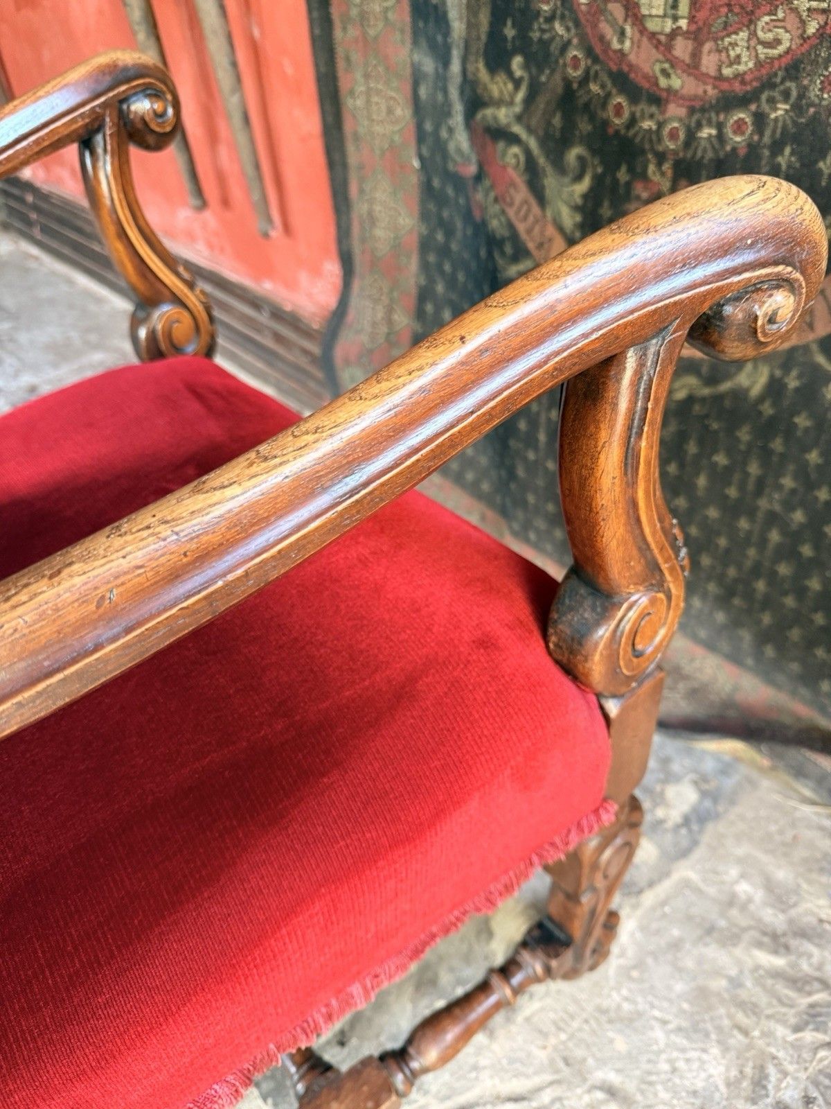 photo furniture Substancial Heavy Carved Oak Red Antique Throne Arm Chair Stamped Circa 1919