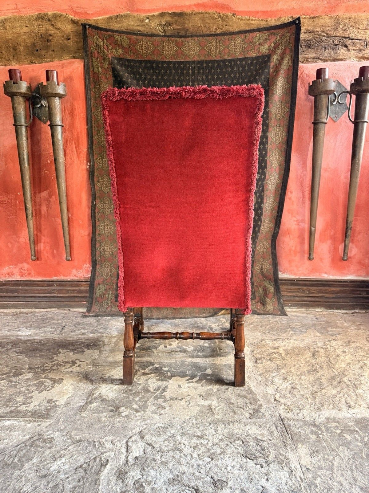 photo for sale Substancial Heavy Carved Oak Red Antique Throne Arm Chair Stamped Circa 1919