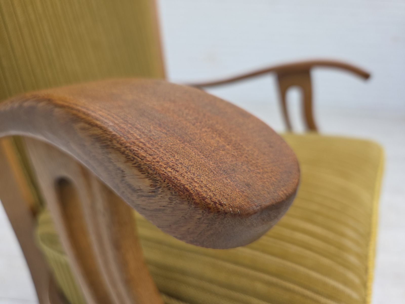 photo for sale 1970s, Scandinavian Armchair, Cotton/Wool Fabric, Solid Oak Wood, Original Condition.