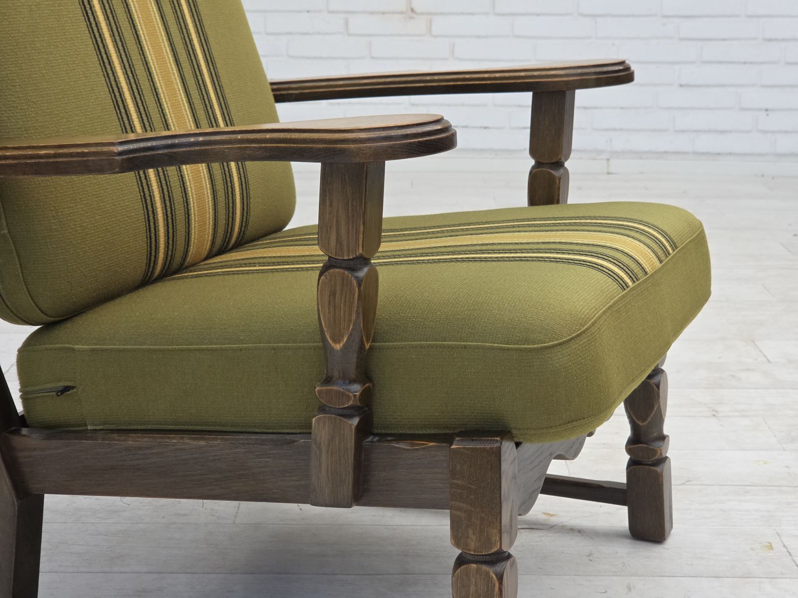 1970s, Pair Of Danish Armchairs, Original Green Furniture Wool, Solid Oak Wood. photo vinterior