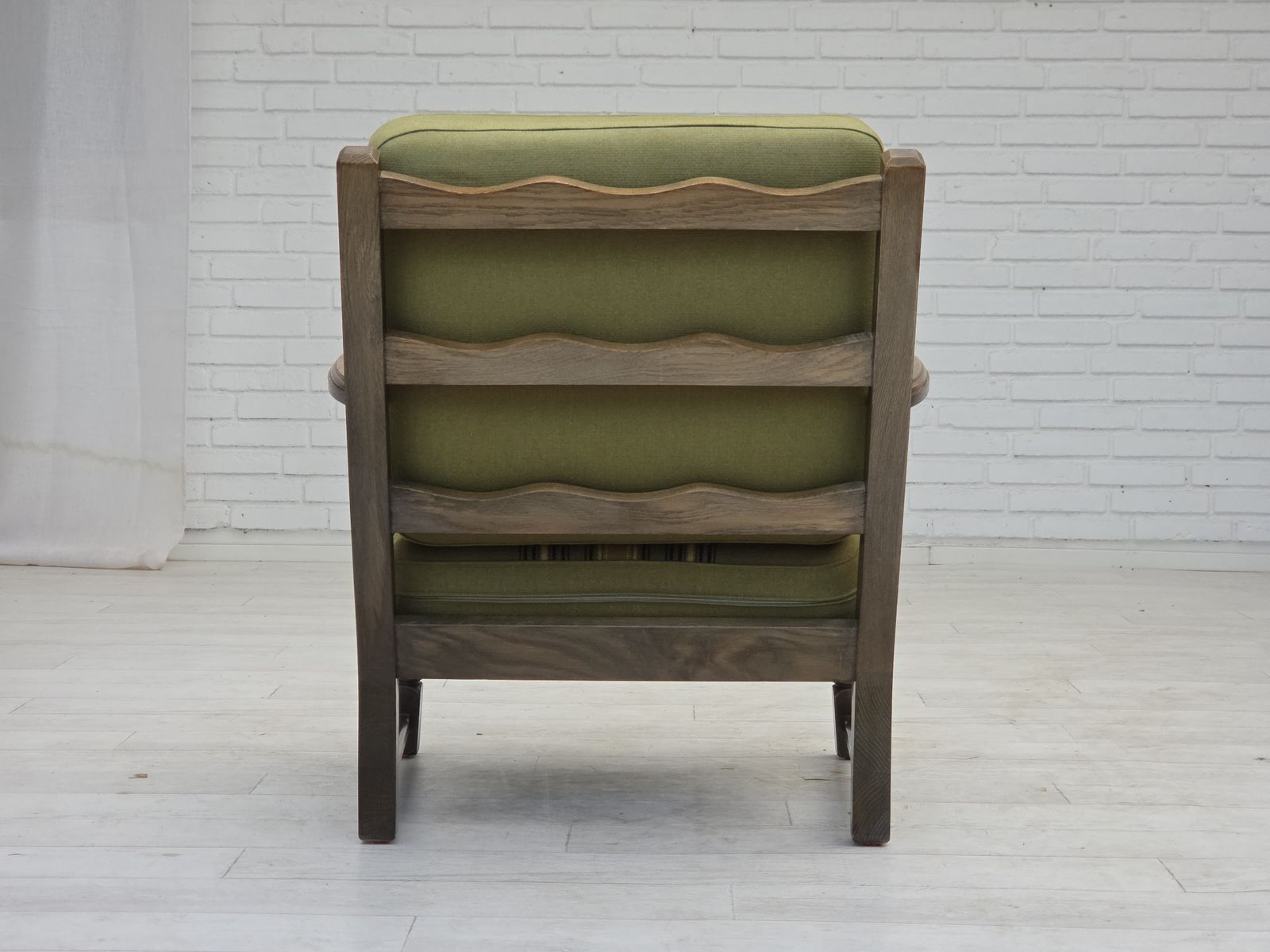 Furniture 1970s, Pair Of Danish Armchairs, Original Green Furniture Wool, Solid Oak Wood. photo
