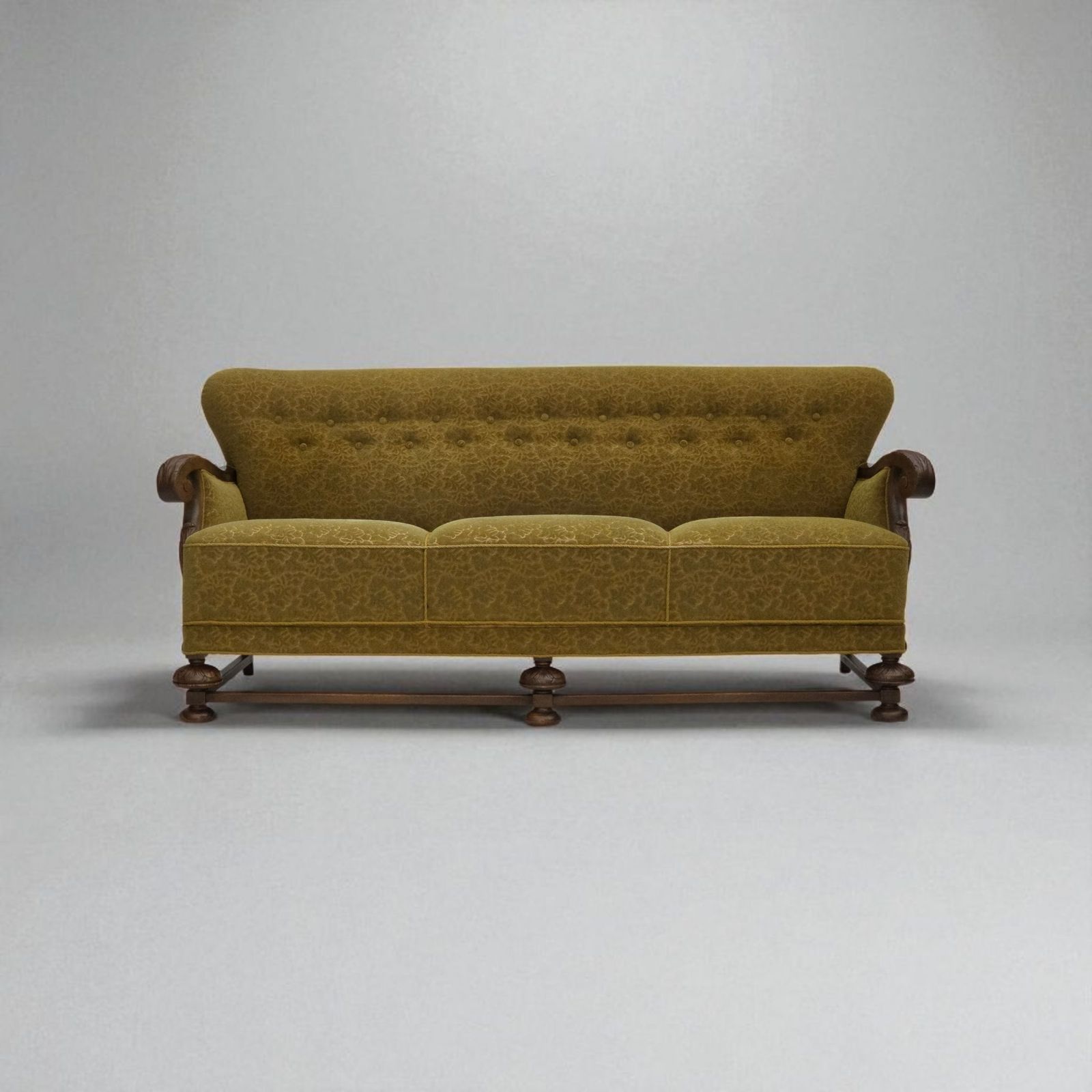 1960s, 3 Seater Danish Sofa, Green Cotton/Wool Furniture Fabric, Solid Oak Wood.