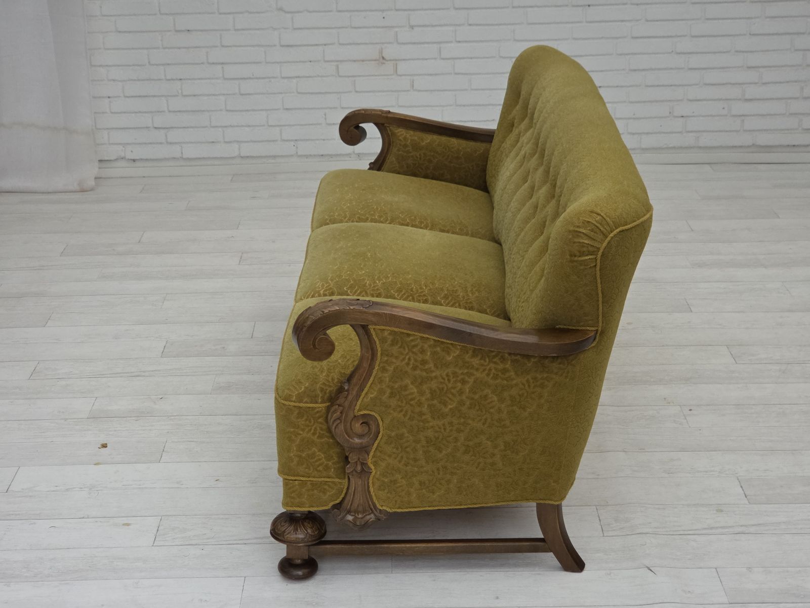 1960s, 3 Seater Danish Sofa, Green Cotton/Wool Furniture Fabric, Solid Oak Wood. photo for sale