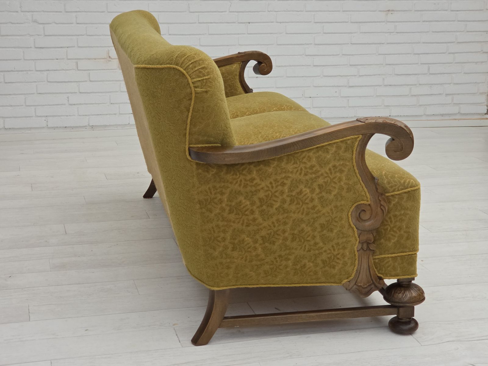 1960s, 3 Seater Danish Sofa, Green Cotton/Wool Furniture Fabric, Solid Oak Wood. photo vinterior
