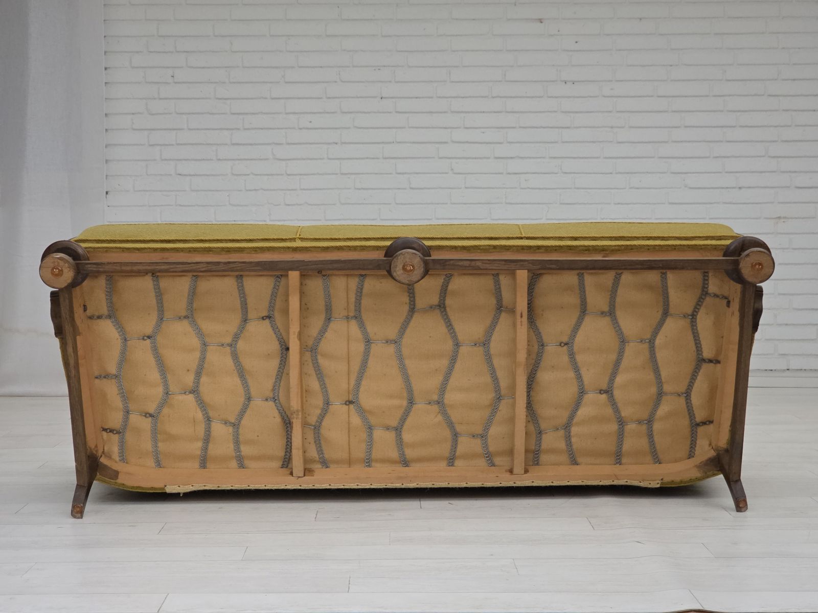photo furniture 1960s, 3 Seater Danish Sofa, Green Cotton/Wool Furniture Fabric, Solid Oak Wood.