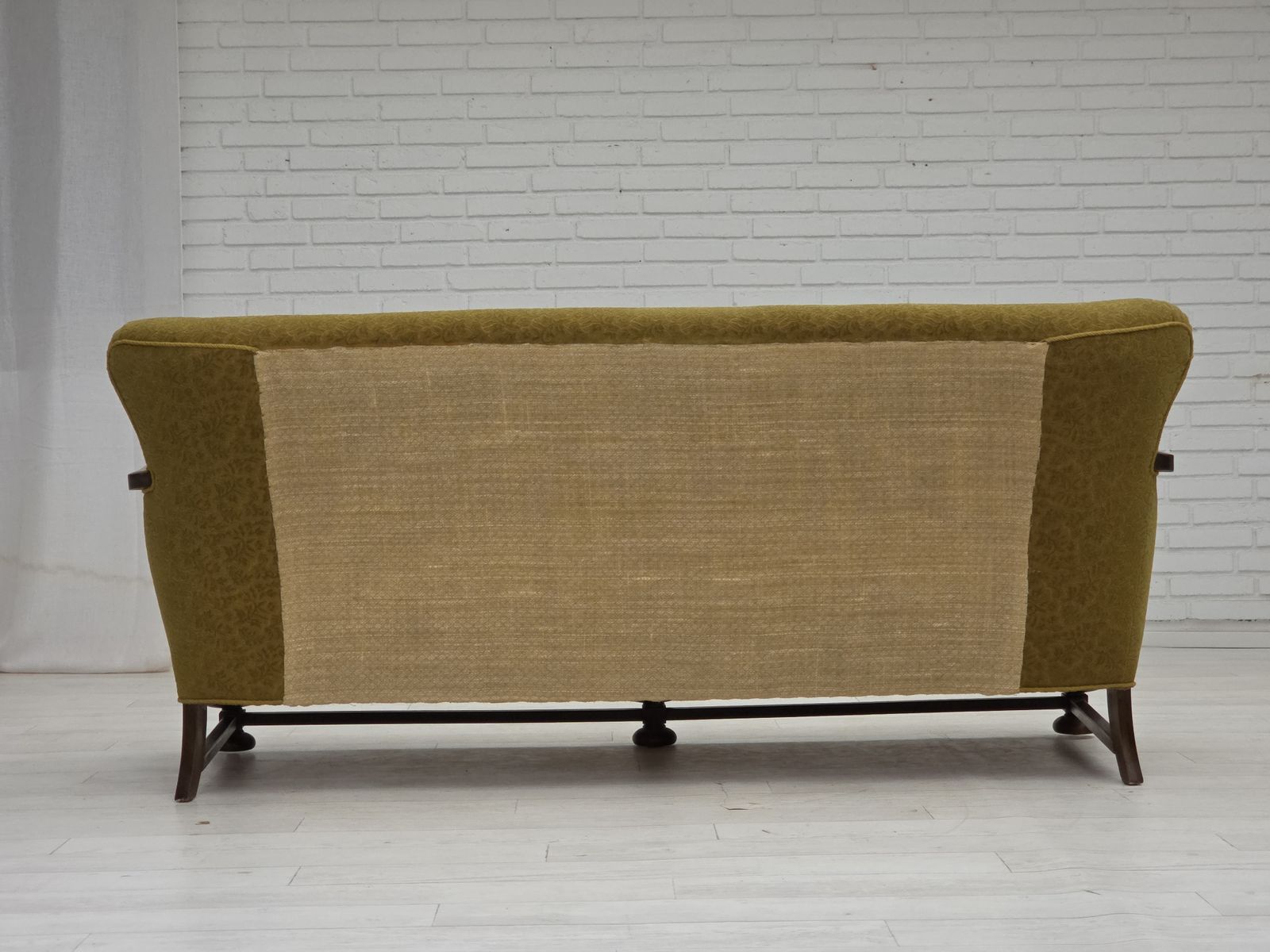 photo for sale 1960s, 3 Seater Danish Sofa, Green Cotton/Wool Furniture Fabric, Solid Oak Wood.