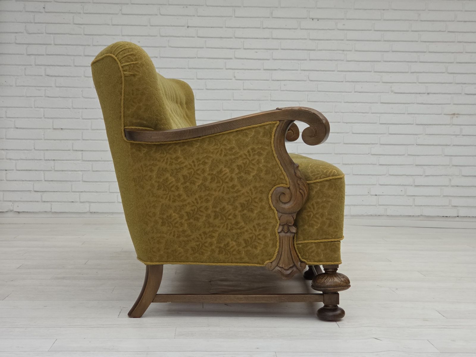 Furniture 1960s, 3 Seater Danish Sofa, Green Cotton/Wool Furniture Fabric, Solid Oak Wood. photo