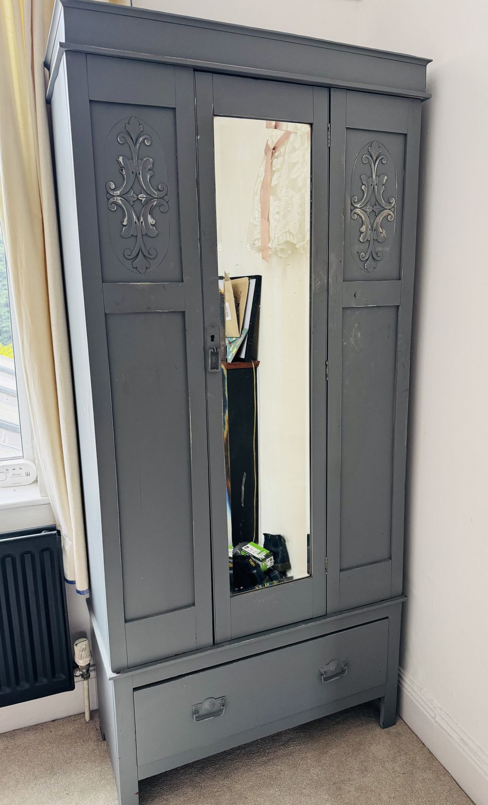 Slimline Antique Grey Blue Mirrored Wardrobe With Ornate Panels & Drawer photo for sale