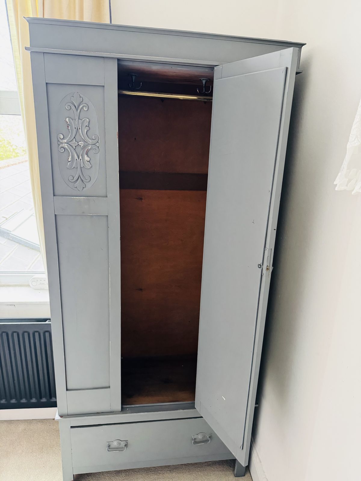 Slimline Antique Grey Blue Mirrored Wardrobe With Ornate Panels & Drawer photo 395.0