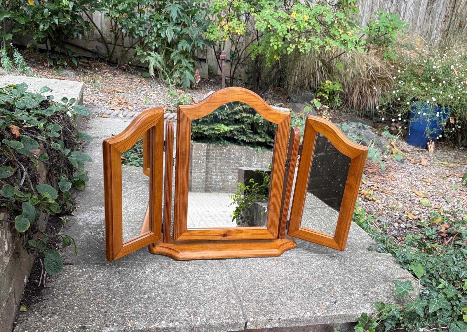 Vintage Pine Triple Vanity Mirror, Rustic Dressing Table Trifold Mirror With Arched Centre And Hinged Side Panels, 1980s Pine Mirror