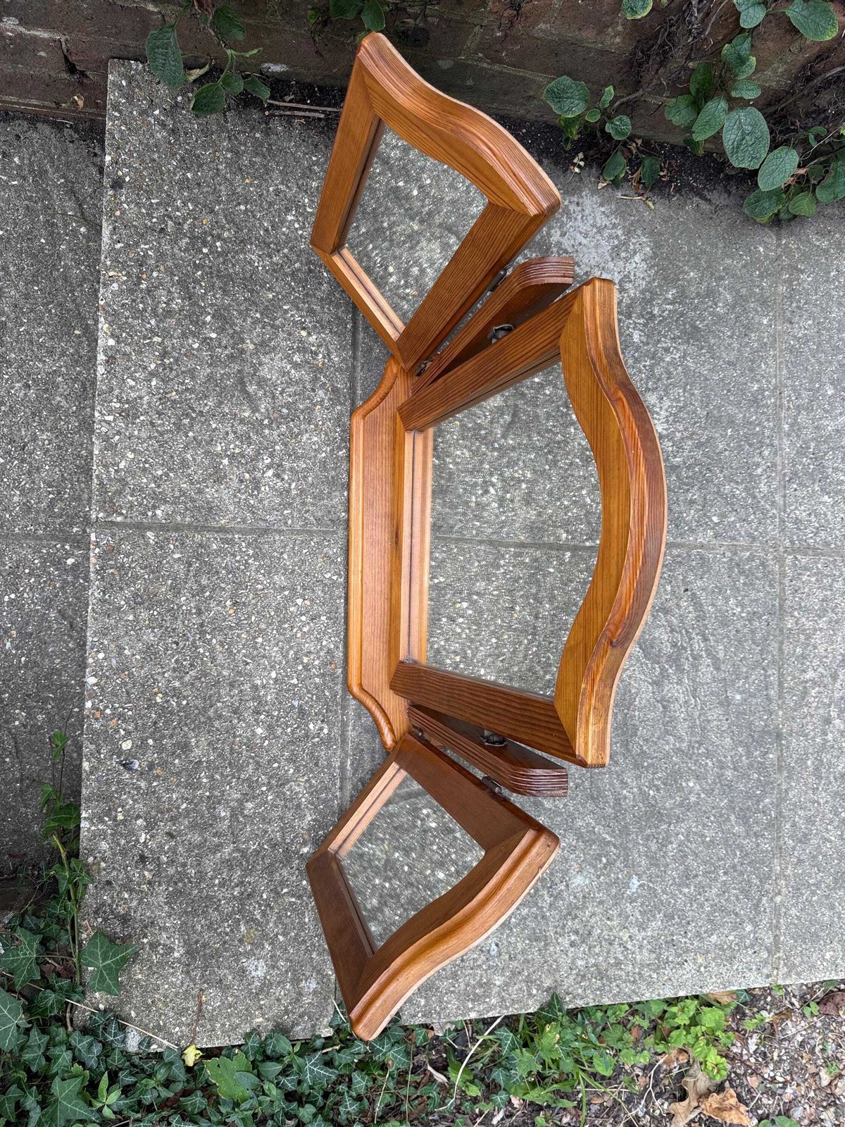 photo furniture Vintage Pine Triple Vanity Mirror, Rustic Dressing Table Trifold Mirror With Arched Centre And Hinged Side Panels, 1980s Pine Mirror