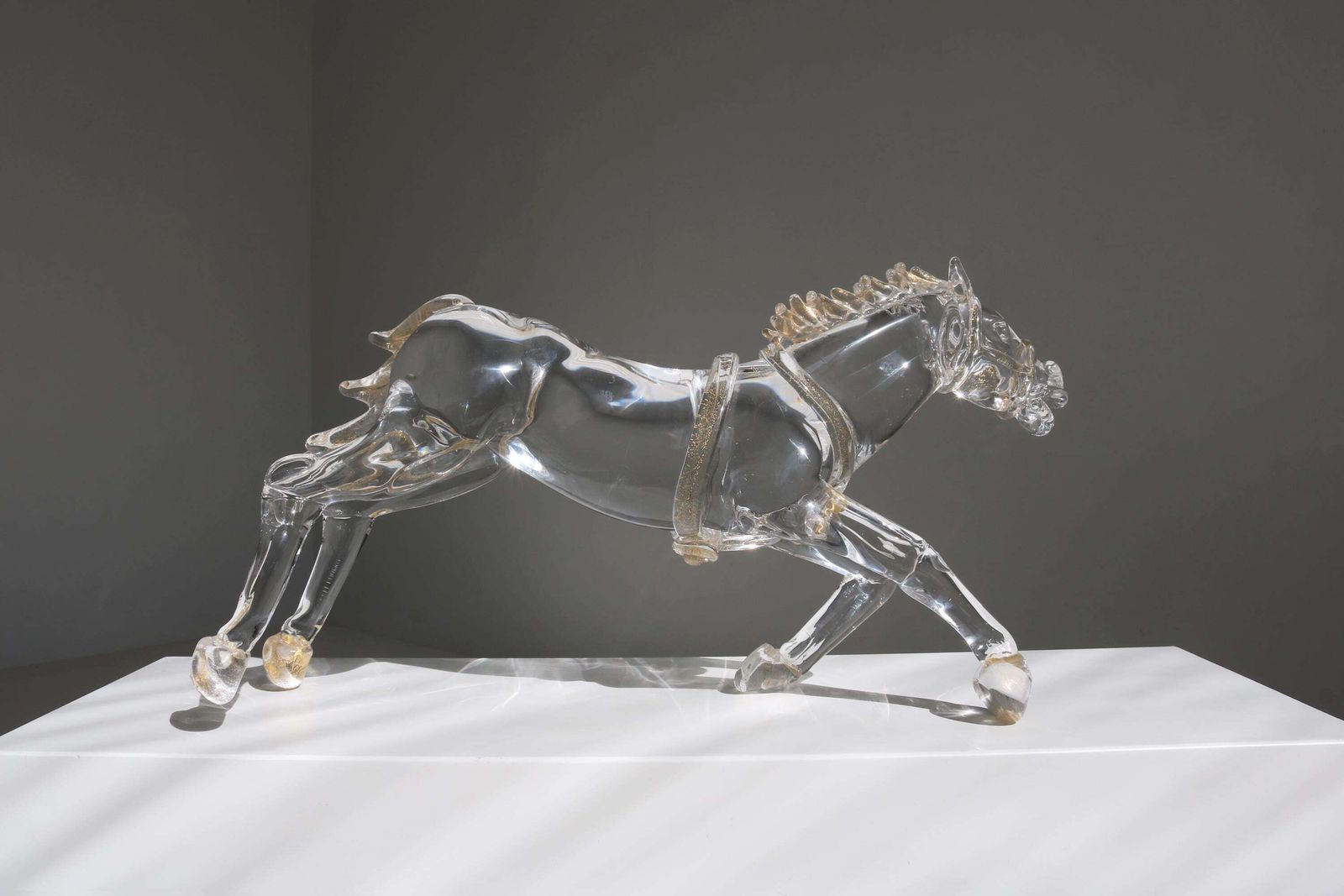 Murano Glass Horse Sculpture In Motion – Hand Blown Crystal With Gold By Arnaldo Zanella, Mid Century Italian Art photo 3843.0