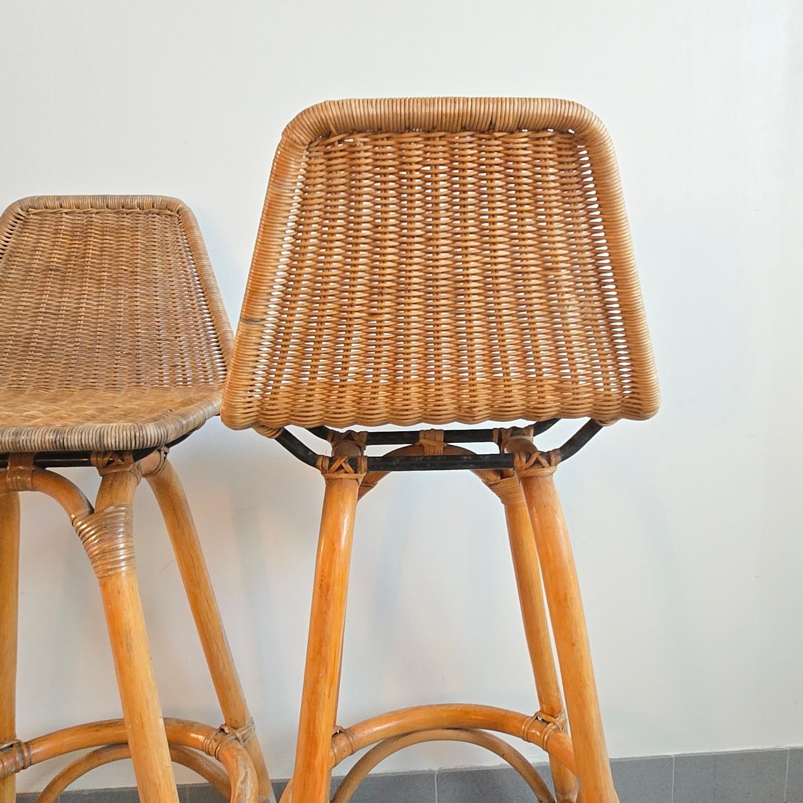 Furniture Pair Of Vintage 1950s Rattan & Bamboo Bar Stools Dirk Van Sliedgert 50s photo