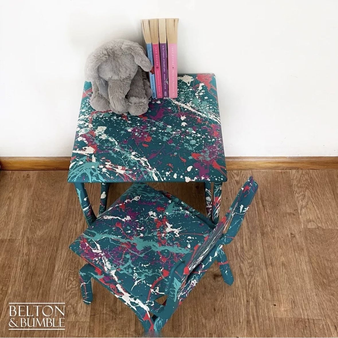 Child’s Writing Desk, Table And Chair Set In Teal With Multi Coloured Details photo for sale