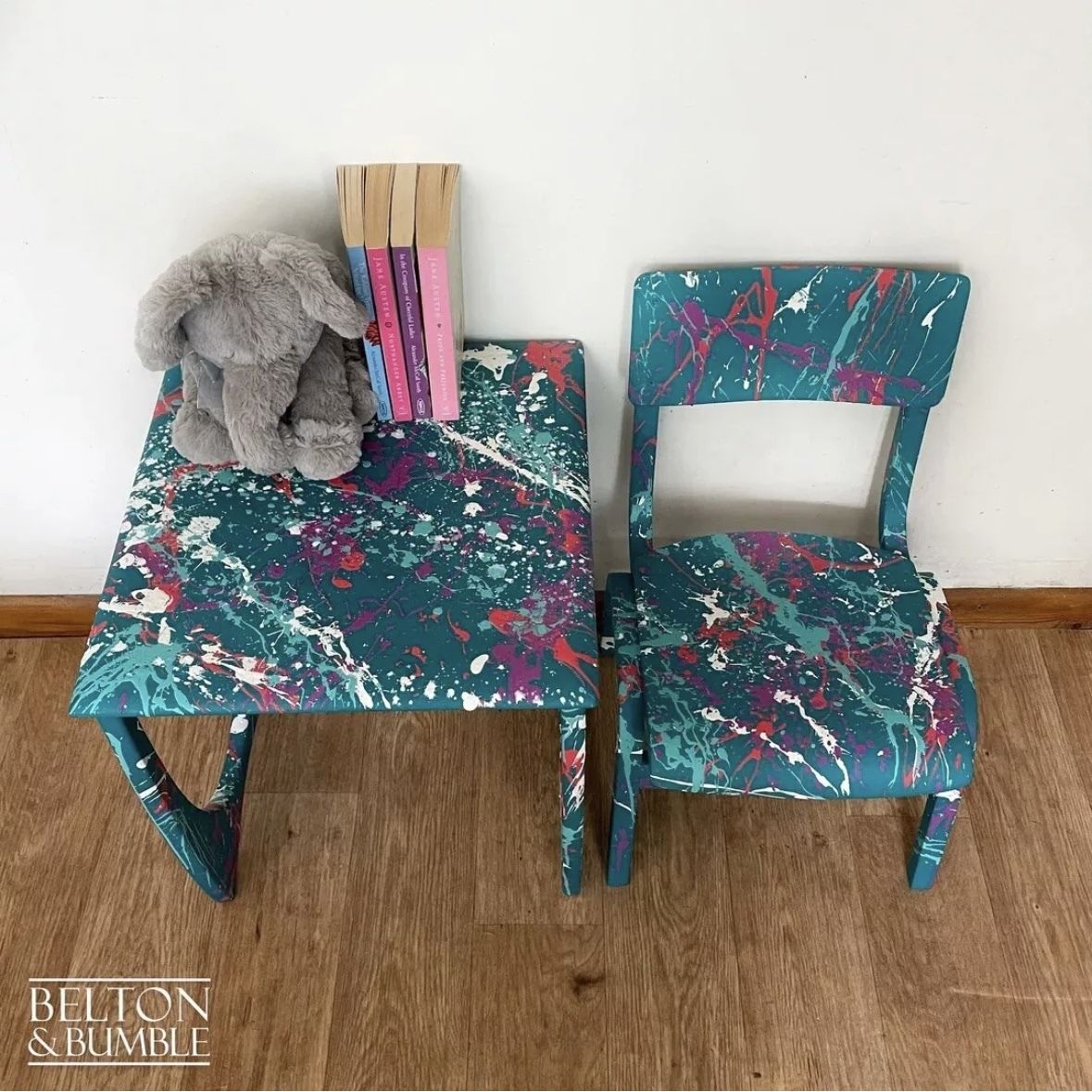 Child’s Writing Desk, Table And Chair Set In Teal With Multi Coloured Details photo 165.0
