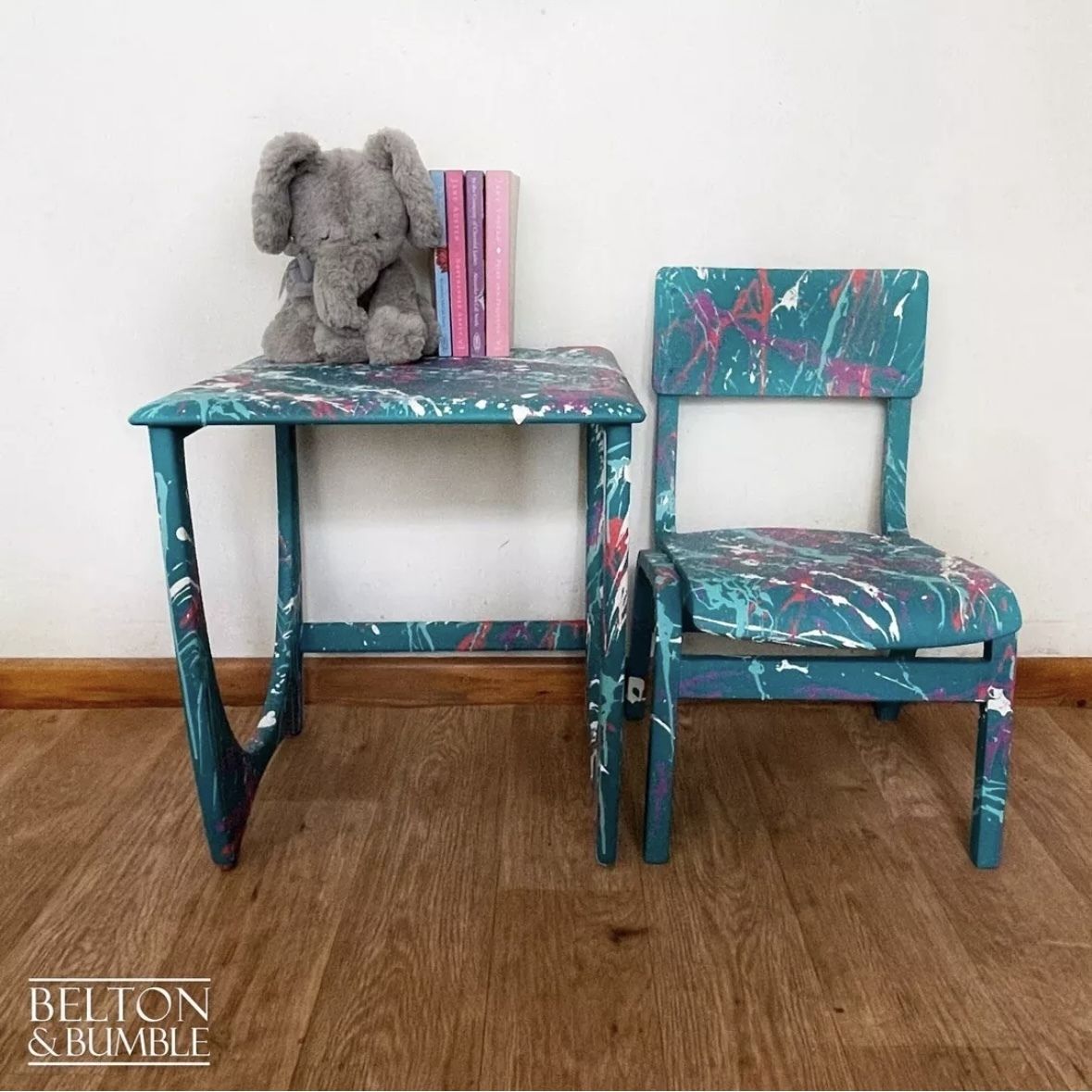 Child’s Writing Desk, Table And Chair Set In Teal With Multi Coloured Details photo vintage