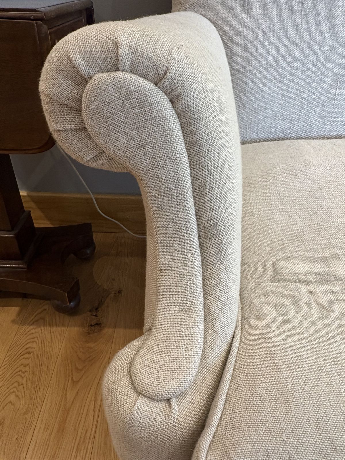 Edwardian 2 Seater High Back Sofa – Professionally Upholstered In Chic Beige Linen/Wool photo furniture